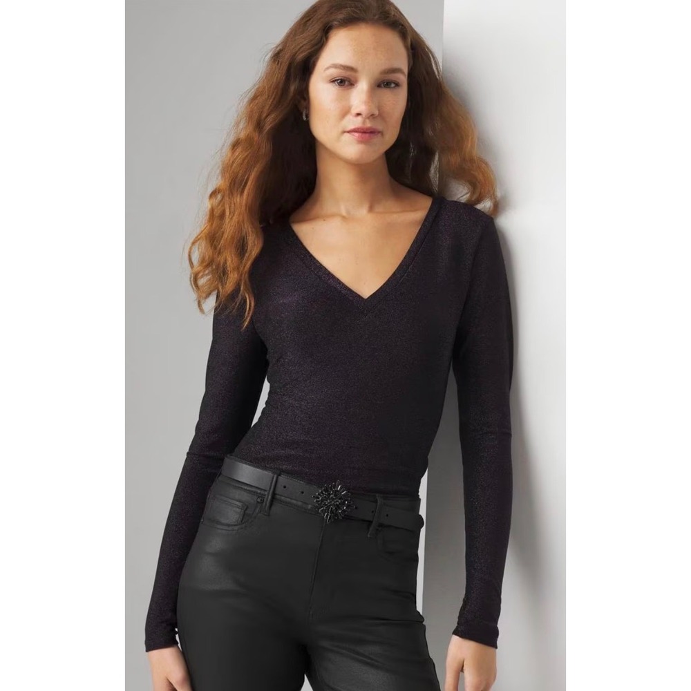 White House Black Market Sparkle Knit Top Plum Noir Metallic Womens Size M